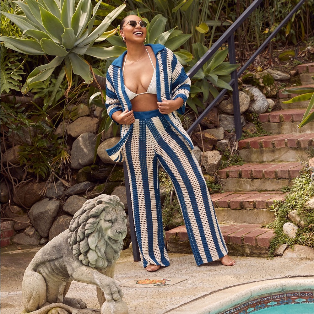 VICI Bradley Cabana Stripe Crochet Button Down Shirt and Pants Set | S | Resort
